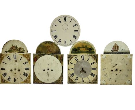 Four 13” painted 19th-century break arch longcase clock dials with one circular 12” American wall clock dial, plus two 11” an