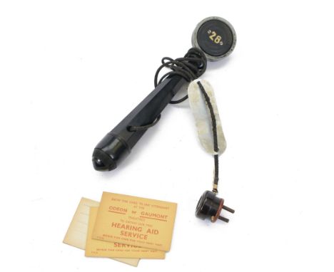 Multitone Electric Co Ltd Ardente Bakelite cinema hearing aid, with small collection of cards for the Odeon or Gaumont Theatr