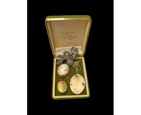 9ct gold cameo brooch, 9ct gold chain necklace, two gold plated lockets and a silver marcasite broochCondition Report:9ct bro