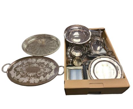 Silver plated items, including two trays, Elkington Plate swing handled basket and photograph frames, etc