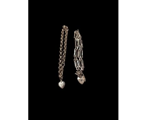 9ct gold three bar gate bracelet with a heart padlock clasp, together with a 9ct rolo link bracelet with heart locket charm, 