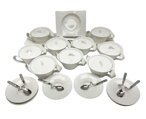 Villeroy and Boch New Wave pattern, nine twin handled dishes with covers, seven saucers, six teaspoons and six small saucers,