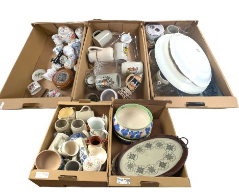 Large collection of ceramics, including Royal Worcester egg coddlers, small Wedgwood vases, stoneware tankards, etc, in five 