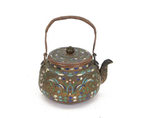 Champleve enamel teapot, with pierced finial, green enamel interior and woven handle, H10cm