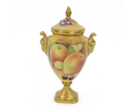 Coalport pedestal vase and cover, of urn form hand painted with fruit with gilt detail, signed J Mottram, H18cm