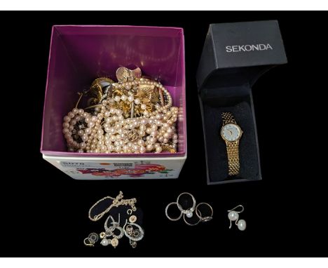 Silver jewellery, including stone set rings and earrings, cultured pearls with silver clasp, costume jewellery and a Sekonda 