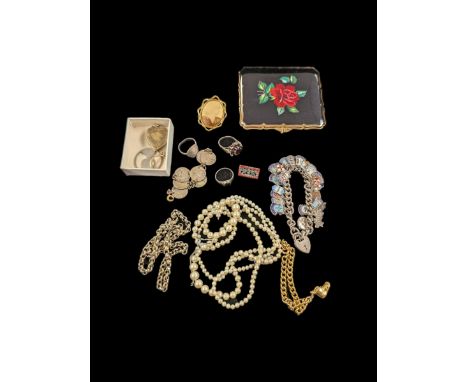 Silver jewellery, including enamel town charm bracelet, onyx ring, etc, together with a compact mirror and a collection of co