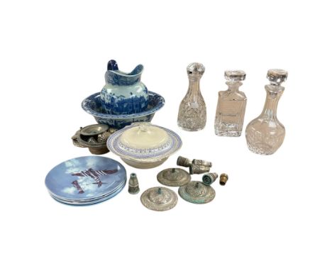 Victoria ware jug and basin, together with three glass decanters, etc  