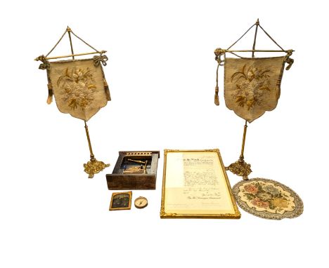 Framed George VI indenture, pair of 19th century tapestry table face screens, miniature fireplace, pocket compass and a dague