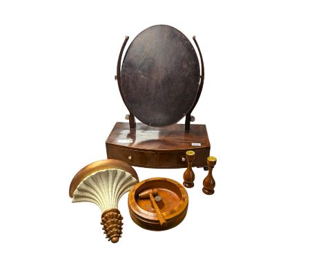 Mahogany oval swing mirror, above two drawers with bone handles, together with an inlaid wooden nut bowl, gilt plaster wall s