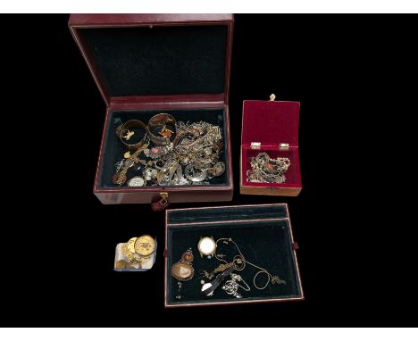 Silver and costume jewellery, including shell necklace, ring, bracelets and wristwatch, etc, in leather jewellery box