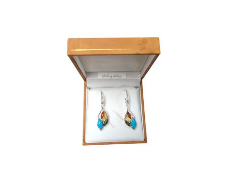 Pair of silver tri-coloured amber and turquoise pendant earrings, boxed 