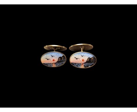 Pair of silver and enamel cufflinks decorated with sunset coastal scenes, stamped 925S