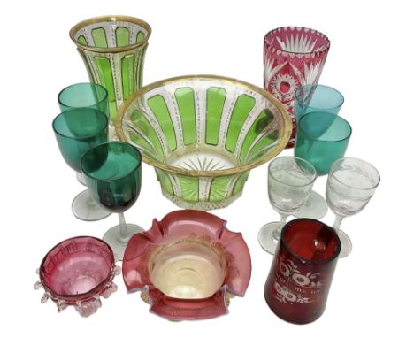 19th century and later glassware, to include ruby glass overlay cup etched with Forget me not and flowers, cut bohemian style