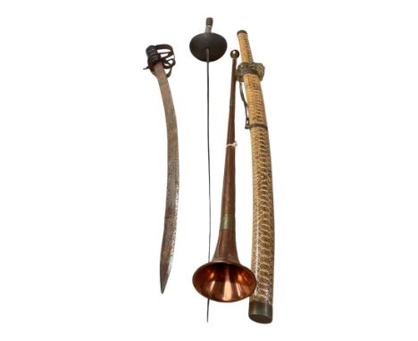 Coachman copper horn, together with fencing sword and two others