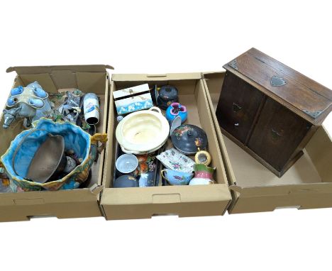 Wooden writing box, ceramics including Aynsley vase and Majolica planter, and a collection of other ceramics and collectables