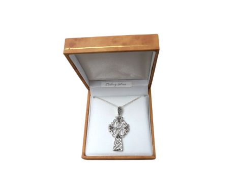 Silver marcasite Celtic cross pendant necklace, boxed 