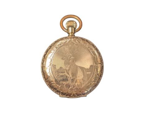 Waltham USA gold plated full hunter pocket watch, the white enamel dial with subsidiary seconds dial, the front cover engrave