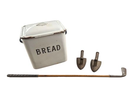 Enamel bread bin, two irons and a vintage golf club with hickory shaft, bread bin H35cm