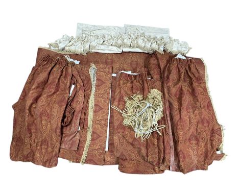 Set of crimson and gold damask curtains, comprising multiple sections with cream linings and pencil pleat, complete with matc