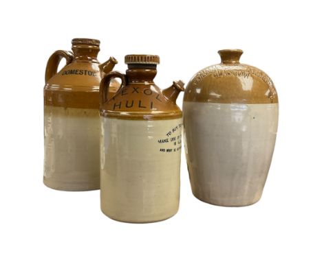 Two stoneware flagons, one marked Texol Hull, together with another stoneware jar, largest H34cm