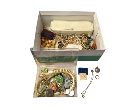 Silver jewellery, including fob, silver-gilt necklace, engraved ring and two pairs of earrings, together with a collection of