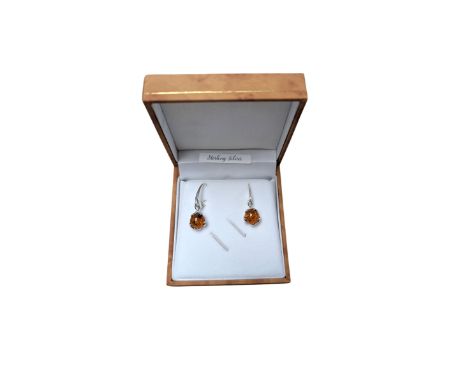 Pair of silver Baltic amber pendant earrings, boxed 