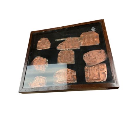 Collection of nine assorted copper engraved printing plates, in frame H38cm