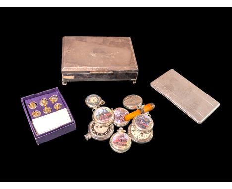 Silver mounted cheroot holder, silver plated cigarette box and case, and a collection of pocket watches, including novelty ex