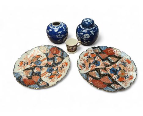 Two Chinese blue and white ginger jars, one with cover, together with two Japanese Imari chargers and a lustre cup, charger D