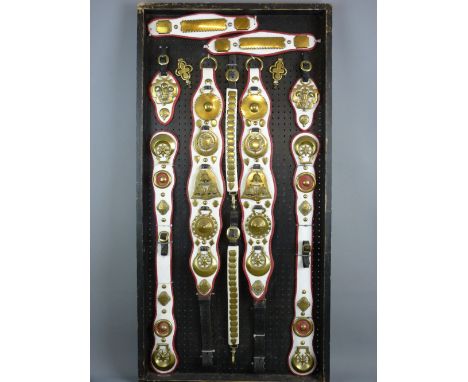 SHIRE/HEAVY HORSE BRASSWARE - a 4ft display board mounted with a twelve piece shire horse harness set by 'J Jones, Maker, Abe