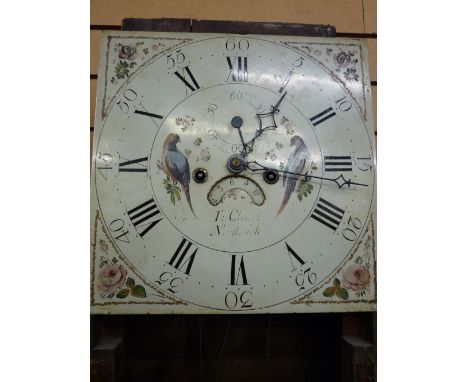 A 19th CENTURY OAK & MAHOGANY LONGCASE CLOCK by T Clowes(?), Nantwich, 30 ins square painted dial of birds and floral spandre