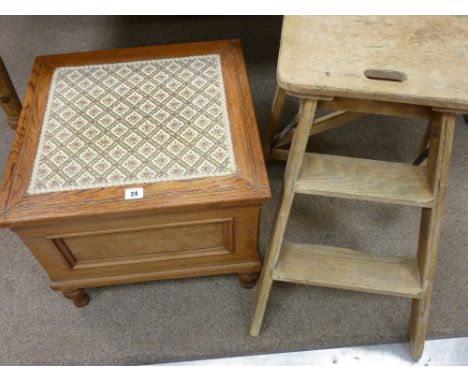 A VICTORIAN PITCH PINE COMMODE with string inlay top and turned supports along with a set of vintage pine wooden steps