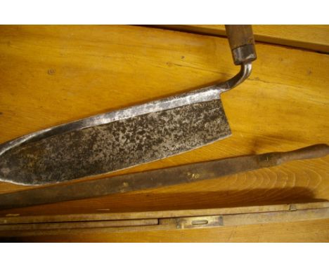 A HAND SCYTHE, A SLATE LIFTER and a vintage architect's level/square