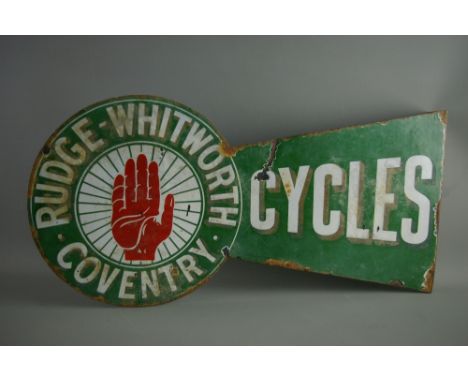 A VINTAGE DOUBLE SIDED ENAMEL SIGN for 'Rudge, Whitworth, Coventry, Cycles' (age commensurate wear)