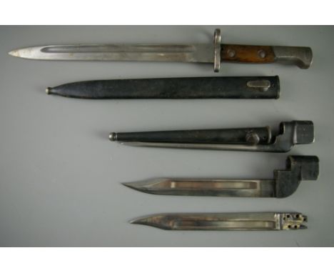 THREE RIFLE BAYONETS, 0.303 calibre including an India pattern with scabbard sword bayonet, a no. 4 MkII spike and a British 