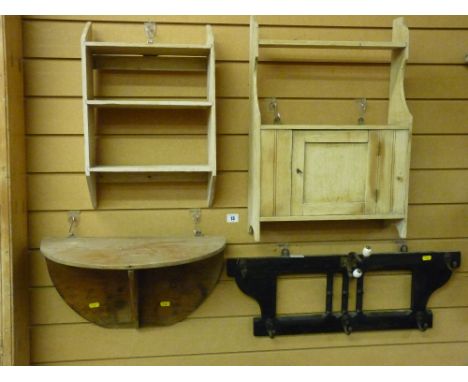 A FRENCH STYLE COAT RACK and three stripped wooden shelf units