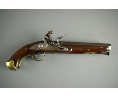 A TOWER LIGHT DRAGOON FLINTLOCK PISTOL with full walnut brass mounted stock, well marked and with 9 ins barrel, original ramr