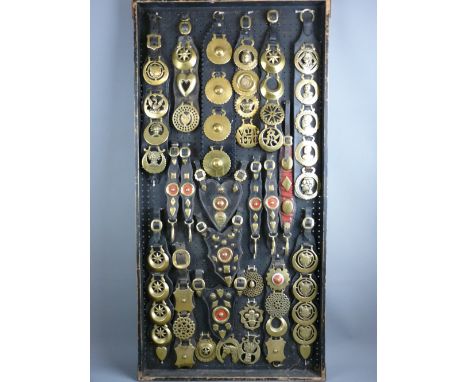 SHIRE/HEAVY HORSE BRASSWARE - a 4ft display board mounted with vintage Victorian and later brass decorated harness straps, le