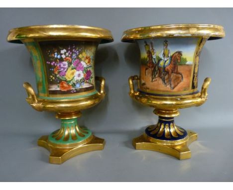 TWO LARGE RUSSIAN PORCELAIN CAMPANA URN PLANTERS, in cobalt blue and gilt with painted panel of Prussian horsemen and green a