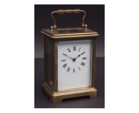 Early 20th century French carriage timepiece, the lever platform escapement to a Roman enamel dial (corner chips) with outsid
