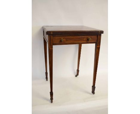 Victorian rosewood envelope card table with green baize lined top with inlaid stringing throughout with single drawer support