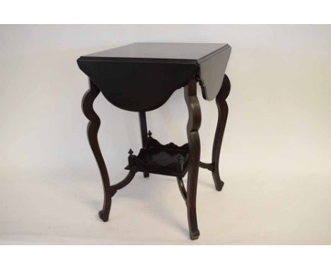 Edwardian mahogany square topped side table with four drop leaves, with decorative shaped legs with second open shelf and gal