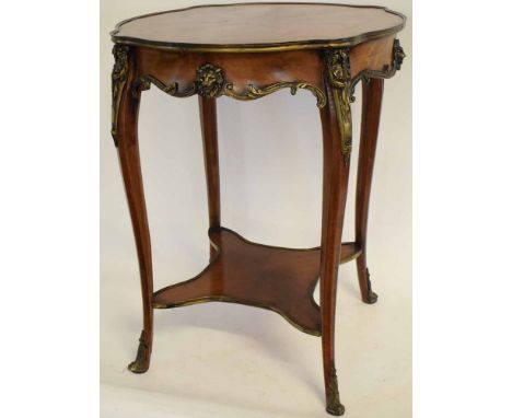 French kingwood circular two-tier table with a segmented inlaid top with brass banding, with decorative cast mounts, with ope