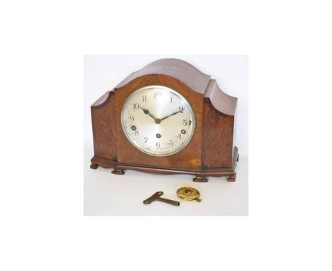 Early 20th century marquetry detail walnut triple barrel mantel clock, Garrard, the shaped case raised on bracket feet to a c