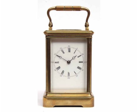 Late 19th century French lacquered brass carriage timepiece, 7639, the silvered lever escapement platform to a Roman and Arab