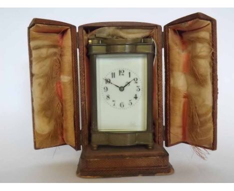 Early 20th century French lacquered brass carriage clock, the silvered lever platform escapement with strike on a blued steel