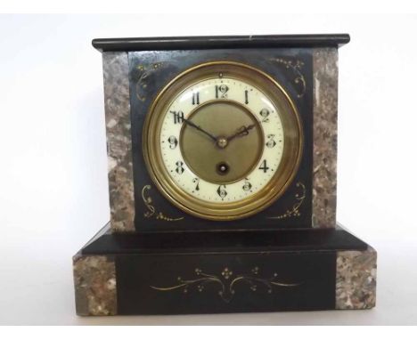 Late 19th century black and variegated marble mantel timepiece, the plinth shaped case with cast bezel enclosing a 10cms Arab