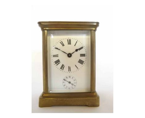 Early 20th century French lacquered brass carriage alarm clock, the silvered lever platform escapement and strike on a base m