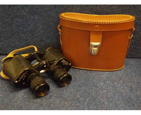 Pair of WWII period Government issue binoculars, of typical form with painted red screw heads and initialled with a capital W